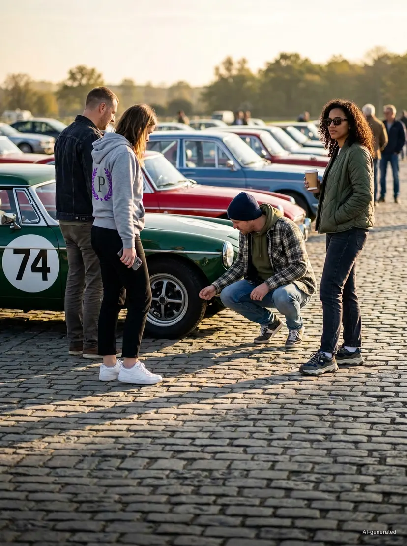 AI-generated image: Owners in everyday clothes talking beside their classic cars on a cobbled paddock in late-afternoon light, more cars lined up behind